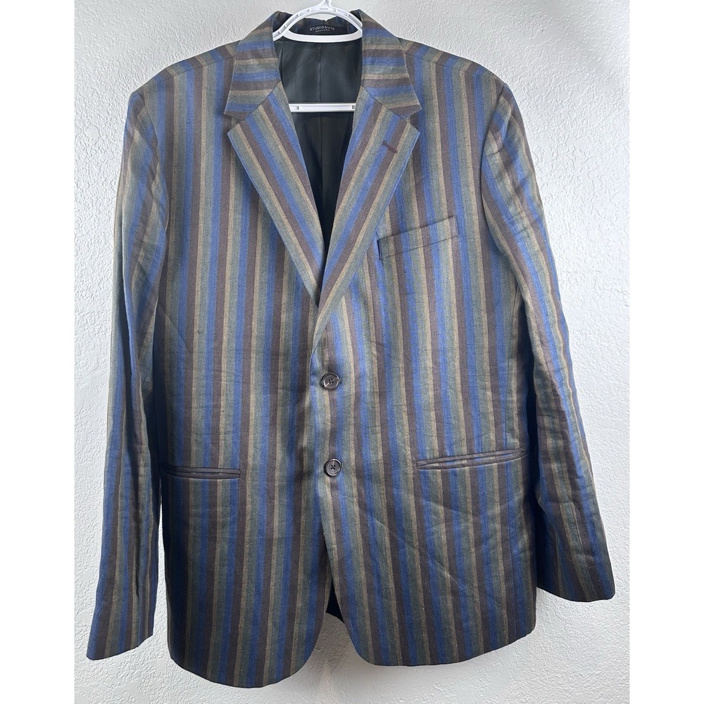 STUDIOSUITS Blazer Men's 40R Green Blue Brown Striped Hand Crafted